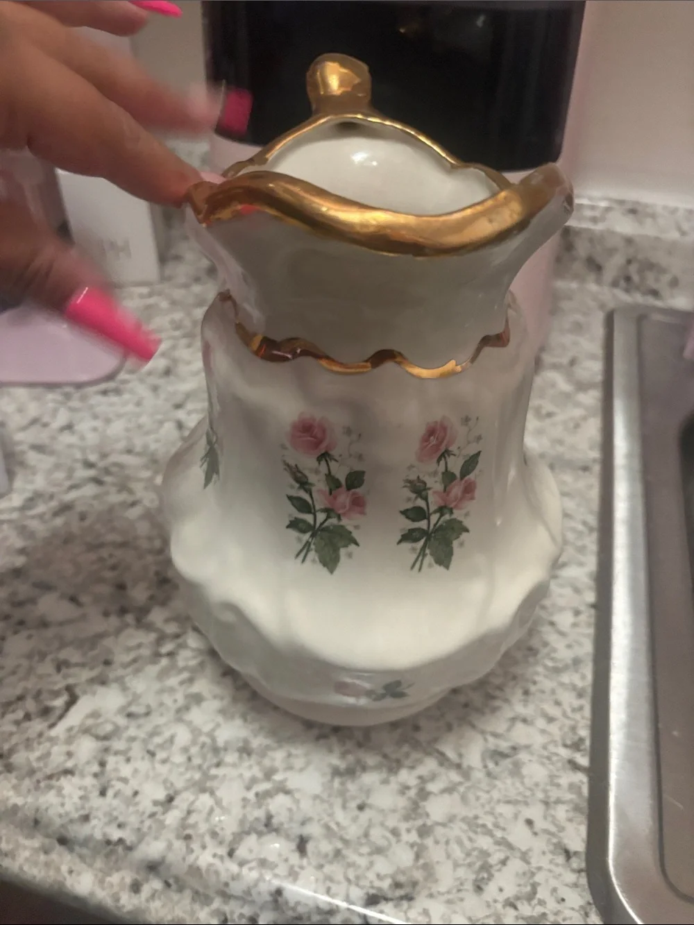 Vintage-Style White Ceramic Pitcher with Pink Rose Motif and Gold Trim